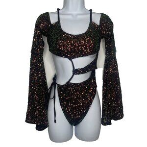 Dolls Kill Club Exx Melodic Mistress Sequin Bodysuit Size S Orange Green Abalone